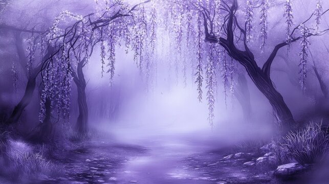 Misty purple forest path lined with weeping trees.
