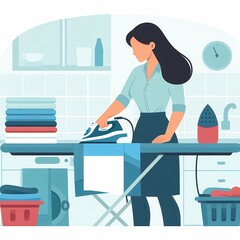 Flat Style Illustration of a Woman Ironing Clothes, White Background