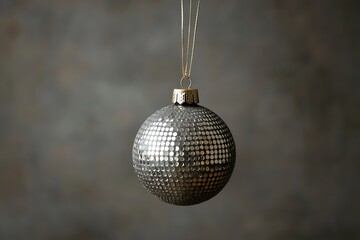 Silver disco ball christmas ornament hanging on gold string