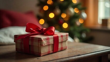A beautifully wrapped gift with a red bow lies on a wooden table in a cozy bedroom with glowing garlands.