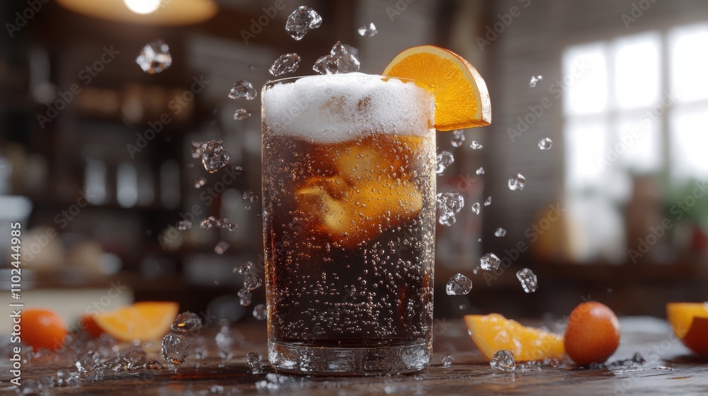 Poster refreshing soda drink with orange slice and bubbles in a glass
