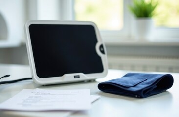 Automatic monitoring device with manual on desk in bright lighting.