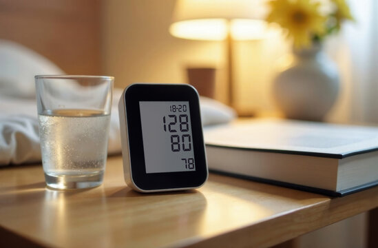 Compact digital health monitor on bedside table in morning light.
