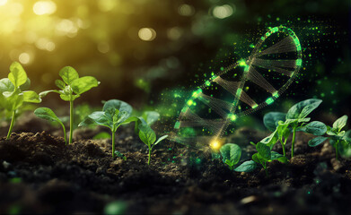 Terrain with plants and growing green leaves, a futuristic biotech concept of sustainable organic agriculture, with a double helix DNA in the air background. Organic science, real photo.



