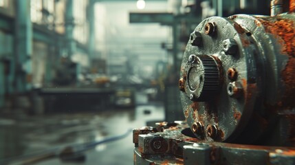 Fototapeta premium A close-up of rusted industrial machinery, focusing on bolts and gears, in a dilapidated factory environment. The rust texture creates a gritty, industrial mood. AI generated.
