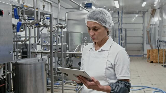 Medium arc shot of female Caucasian cheese making factory technician in white shirt, apron and cap standing in front of raw milk processing machines and filling checklist on tablet