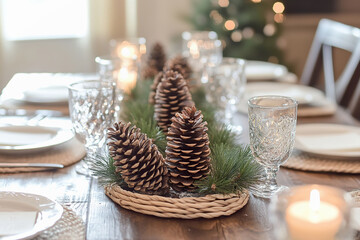 Dining table adorned with pinecones, candles, and elegant glassware for warm holiday celebration