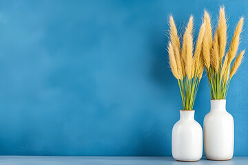 Naklejka premium A minimalist display featuring two white vases with golden dried grass against a vibrant blue background.