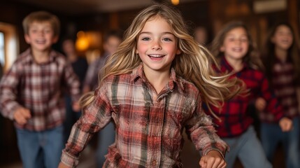 Obraz premium A group of cheerful children, dressed in cozy plaid shirts, happily run around a rustic setting, celebrating and enjoying a warm afternoon with laughter