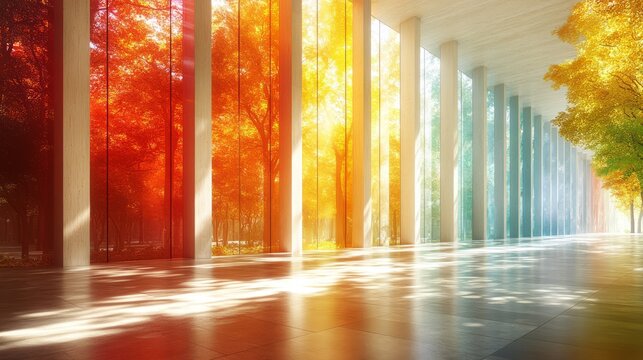 Sunlight filters through vibrant glass panels, casting a warm glow on the serene walkway surrounded by colorful autumn foliage, evoking a sense of peace