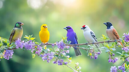 Obraz premium Five colorful birds perching on a flowering branch