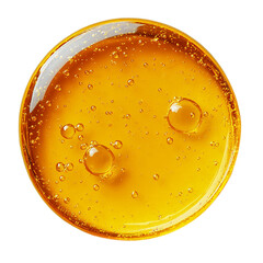 Drop of yellow oil swatch texture in petri dish macro with bubbles, cosmetics for face and body, science, laboratory isolated on white background