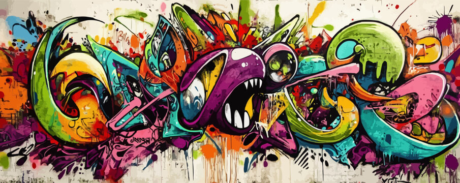 Fototapeta Graffiti street art. Bold graffiti tags, urban landscapes, and colorful spray paint effects cover 80s 60s 90s