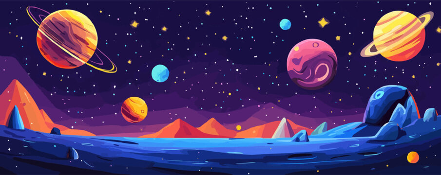 Illustrate a pixel art space scene with planets and stars, vector icon design, flat style.