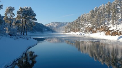 Blue Ice Cracks and Frozen Lake: Winter Wonderland with Pine Hills and Snowfall