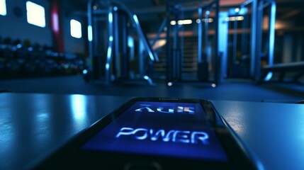 Fototapeta premium A smartphone with the word Power illuminated on the screen rests on a workout bench in a dimly lit gym. The focus is on strength, fitness, and modern technology, blending digital and physical. AI