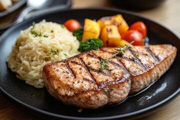 Delicious grilled salmon with rice and vegetables served on a black plate in a cozy restaurant setting