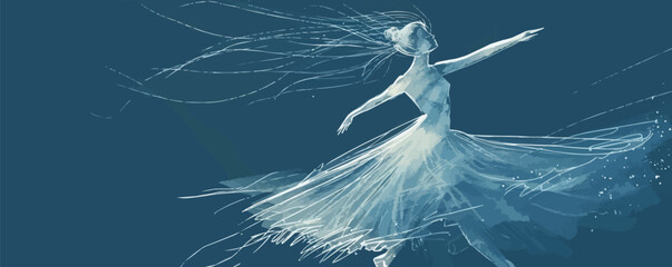 Elegant ballerina mid-dance in a flowing tutu, highlighting graceful movements, flat, vector illustration, Sketch.