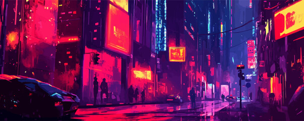 Fototapeta premium Cyberpunk dystopia. Futuristic buildings, neon signs, gritty streets, cybernetic characters, and dark alleyways, reflecting a high-tech but grim future, vector illustration, flat style.