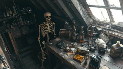 Fototapeta premium Eerie abandoned attic with skeleton and occult artifacts. Archaic. Illustration
