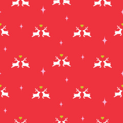 Christmas Deer Pajama Pattern Design Seamless Pixel Art background. Xmas style Reindeer couple, Hearts love, Holly Stars on a red Background, with white festive animals knit details