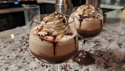 Irish coffee with grated dark chocolate on wooden table