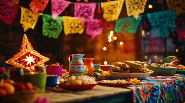 Traditional setup featuring colorful papel picado banners, a table set with tamales and ponche navide&ntilde;o, and a star-shaped pi&ntilde;ata, illuminated by warm festive light for a vibrant and joyful atmosphere