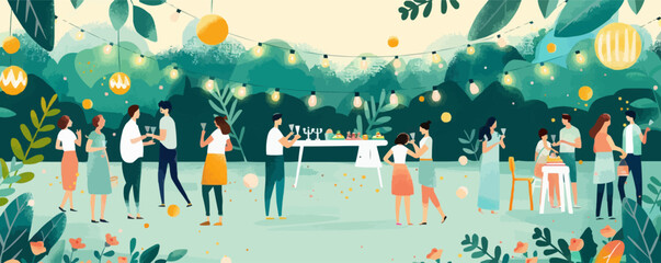 Lively garden party with string lights, colorful decorations, and joyful guests, flat, vector illustration in watercolor style.