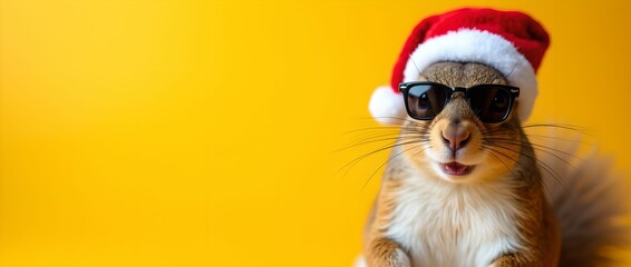 Happy New Year banner, squirrel in Santa Claus hat and sunglasses on yellow background
