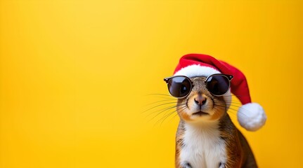 Happy New Year banner, squirrel in Santa Claus hat and sunglasses on yellow background