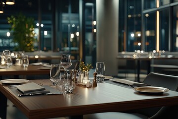 Elegant dining setup in a modern restaurant during evening hours with soft lighting