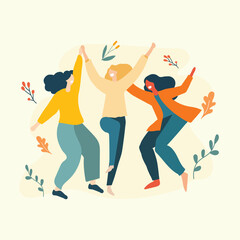 A Group of woman Empowering each other with Celebration action  in a flat illustration style with warm background surrounded by leaf elements.