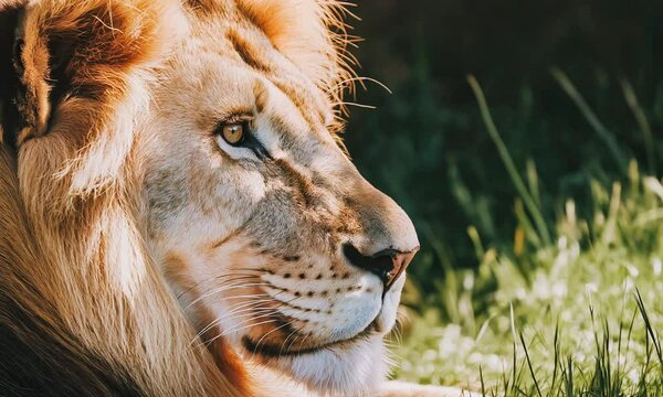 Lion captivates with its serene expression, basking in sunlight among vibrant greenery. A majestic moment in the wild spotlighting natures splendor.
