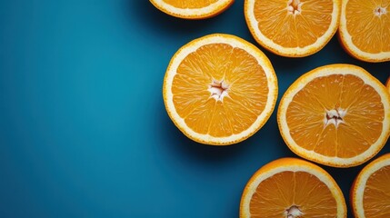 Fototapeta premium Freshly Cut Bright Orange Citrus Slices on a Vibrant Blue Background, Creating a Refreshing and Eye-Catching Visual Appeal for Culinary and Health-Related Themes