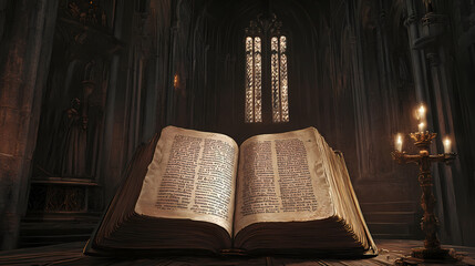 Illuminated medieval codex showcasing algorithmic scripts as sacred text in ornate cathedral alcove. Archaic. Illustration