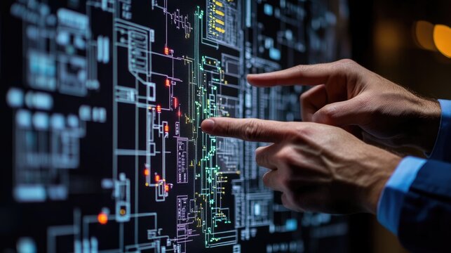 working hands of operator controller with data base Scada system on computer screen.	