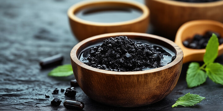 shilajit mineral-rich resin in wooden bowl, ayurveda health supplement for testosterone boost and immune boost