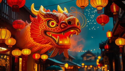 A golden dragon statue in a traditional Chinese street adorned with glowing red lanterns, celebrating Chinese New Year.