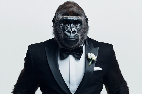 a serious gorilla wearing a formal black tuxedo and boutonniere on a clean white background presenting a humorous wedding theme
