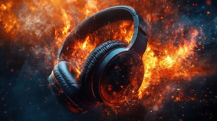 Fiery headphones engulfed in flames, a dramatic image representing the intensity of music or...