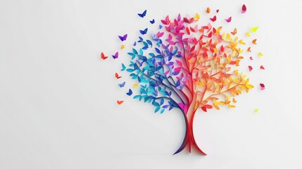 Vibrant rainbow-colored paper tree with colorful butterflies fluttering around it, creating a whimsical and joyful scene.