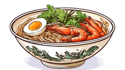Delicious Shrimp Noodle Bowl with Egg and Fresh Herbs Illustration