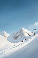 Snow-covered mountains with ski gondolas transporting visitors under a clear blue sky