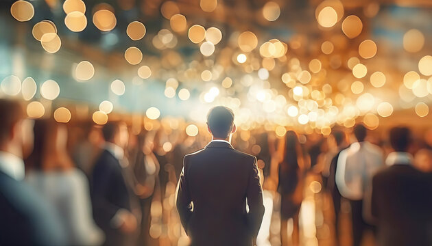 A man in a suit walks through main square of city among a crowd of people with warm lighting on a festive evening, suggesting a formal gathering or event.