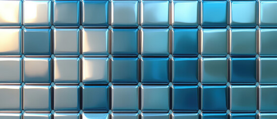 A glossy mosaic pattern of square tiles transitioning from metallic silver to deep turquoise blue, creating a modern grid-like background texture. Generative AI.
