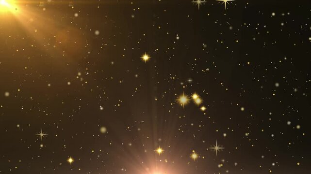 Luzes douradas, brilhando na tela e se deslocando. Fontes de luz forte vindo da parte baixa ao centro e de cima a esquerda. 