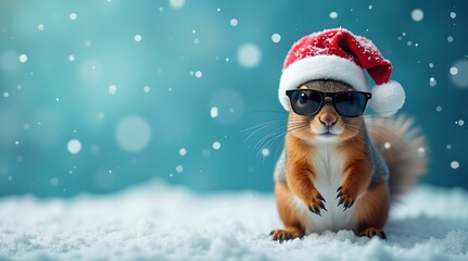 Happy New Year banner, squirrel in Santa Claus hat and sunglasses on blue background