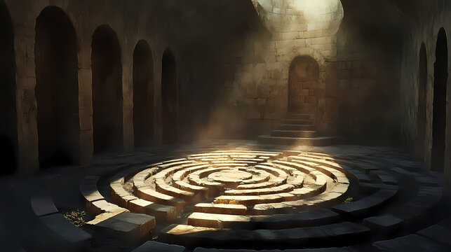 Ancient stone labyrinth in a dimly lit, mysterious chamber, exuding a sense of intrigue and history with its intricate circular design and shadows. Archaic. Illustration