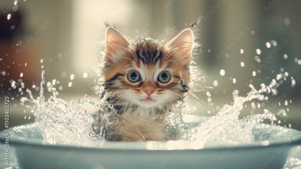 Poster cute kitten splashes playfully in water bowl creating joyful scene