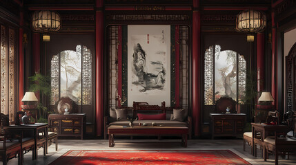 Fototapeta premium Chinese interior design with red accents. Archaic. Illustration